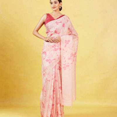 Baby Pink Handloom Tussar Silk Saree With Printed Floral Motifs