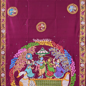 Wine Radha Krishna Boita Hand-Painted Pattachitra Saree