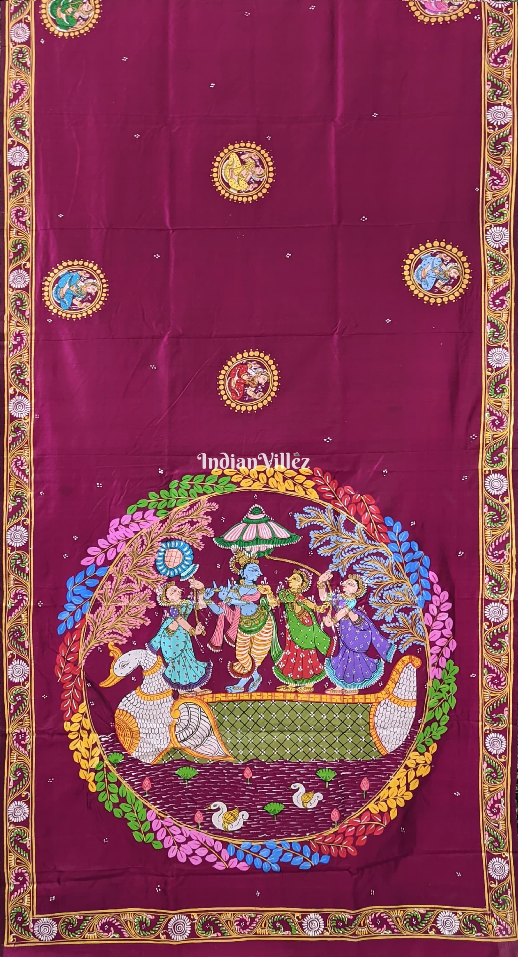 Wine Radha Krishna Boita Hand-Painted Pattachitra Saree