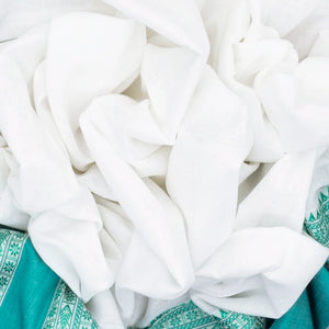 White Woven Bengal Cotton Saree With Cyan Border