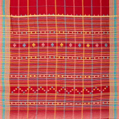 Red Handloom Bhujodi Cotton Saree With Checks