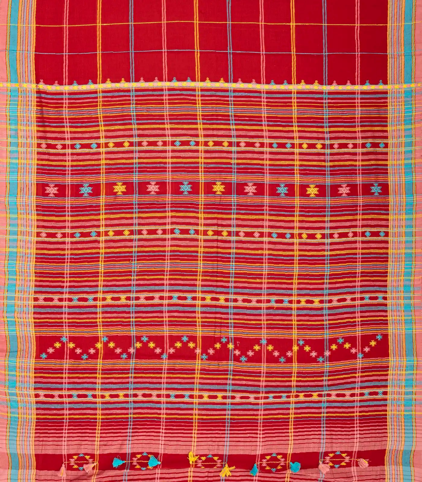 Red Handloom Bhujodi Cotton Saree With Checks