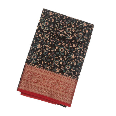 Black Woven Chanderi Cotton Saree With Red Border