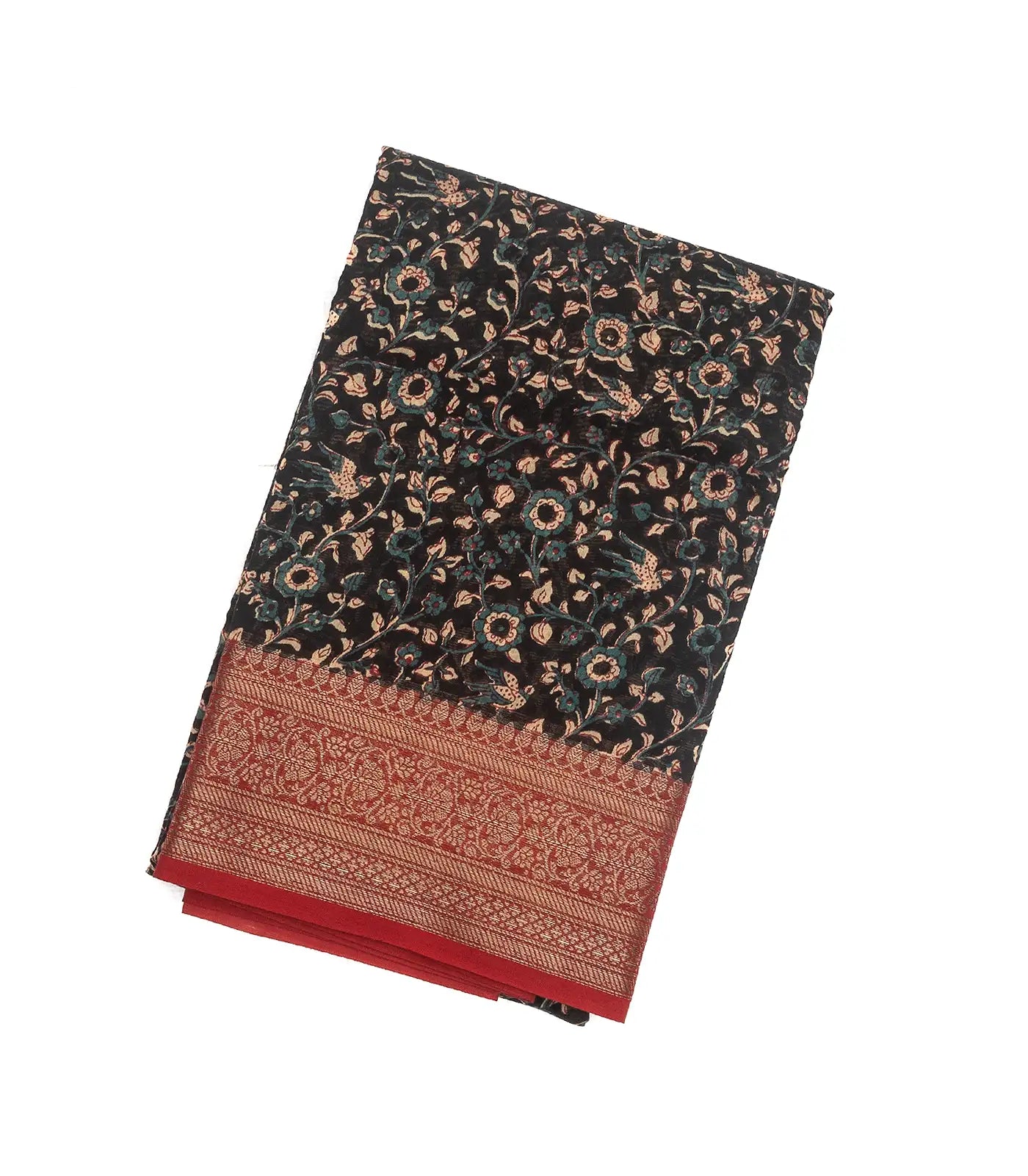 Black Woven Chanderi Cotton Saree With Red Border