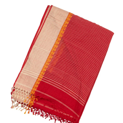 Red Handloom Bengal Cotton Saree With Mango Buttas