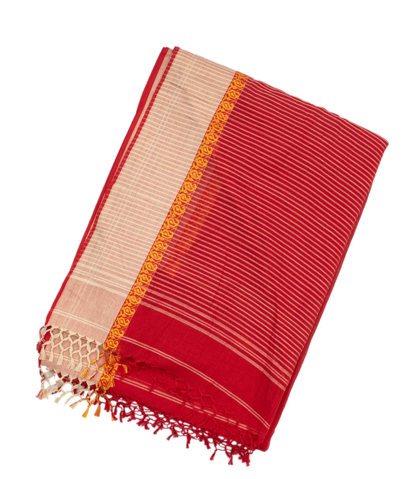 Red Handloom Bengal Cotton Saree With Mango Buttas