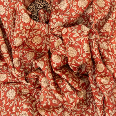 Peach Handloom Chanderi Cotton Saree With Printed Cream Floral Motif