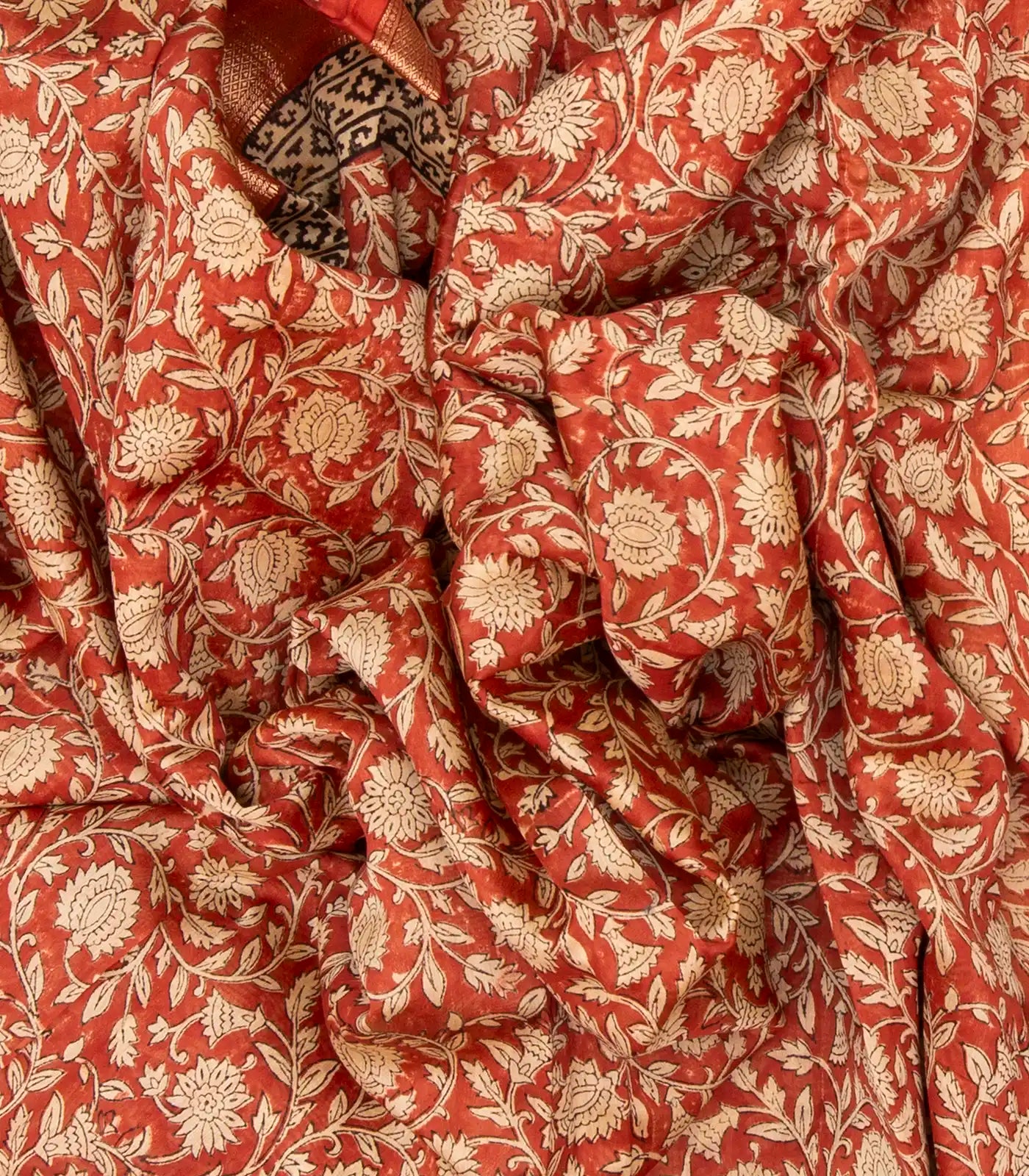 Peach Handloom Chanderi Cotton Saree With Printed Cream Floral Motif