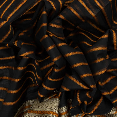 Black Handloom Silk Cotton Saree With Beldari Stripes