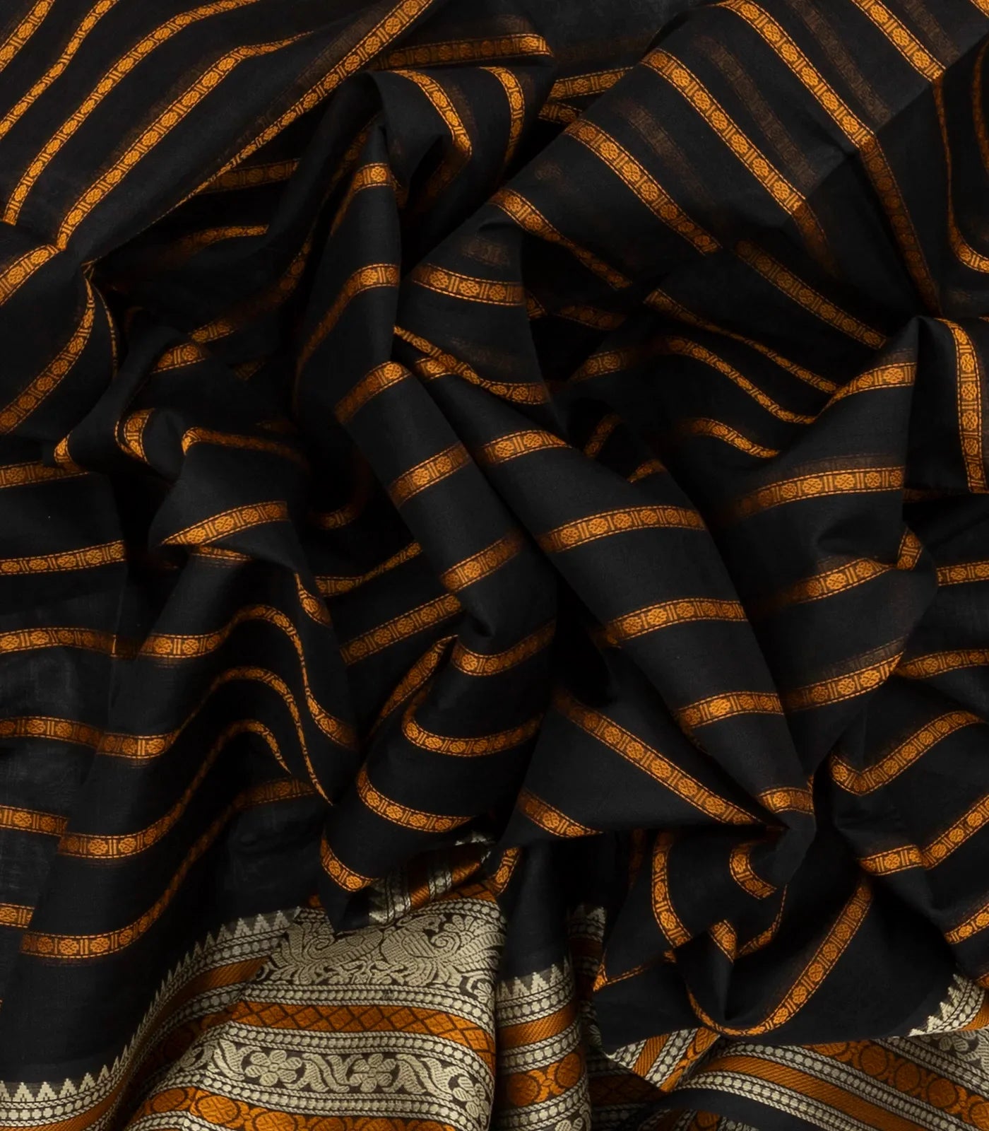 Black Handloom Silk Cotton Saree With Beldari Stripes