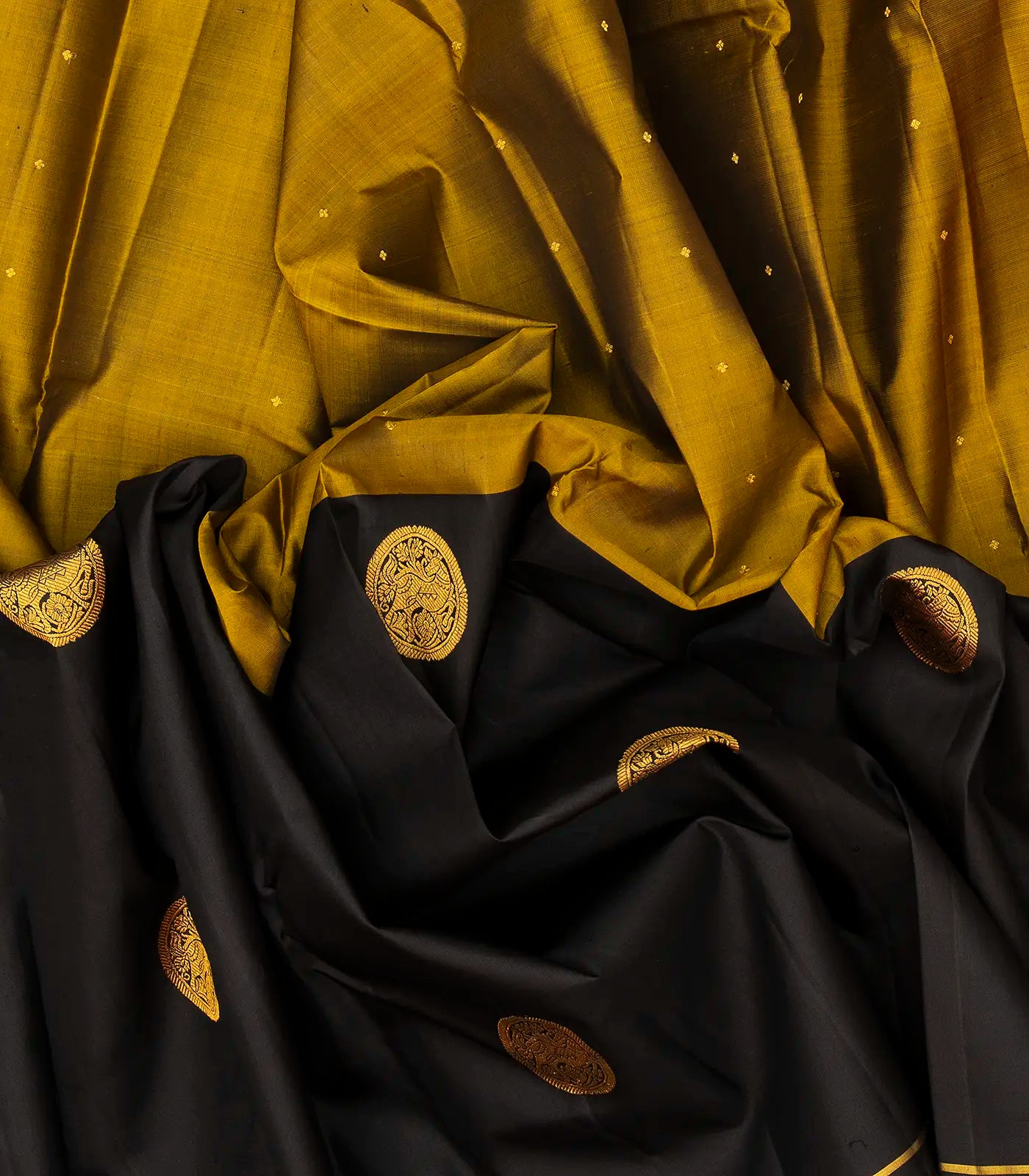 Black & Olive Green Handloom Kanchipuram Half & Half Silk Saree