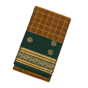 Dark Olive Handloom Kanchi Cotton Saree With Checks