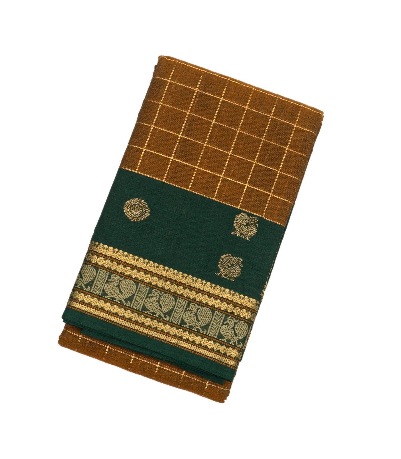 Dark Olive Handloom Kanchi Cotton Saree With Checks