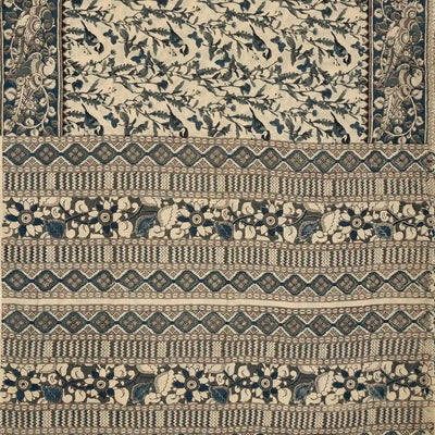 Cream Cotton Saree With Blue Kalamkari Print