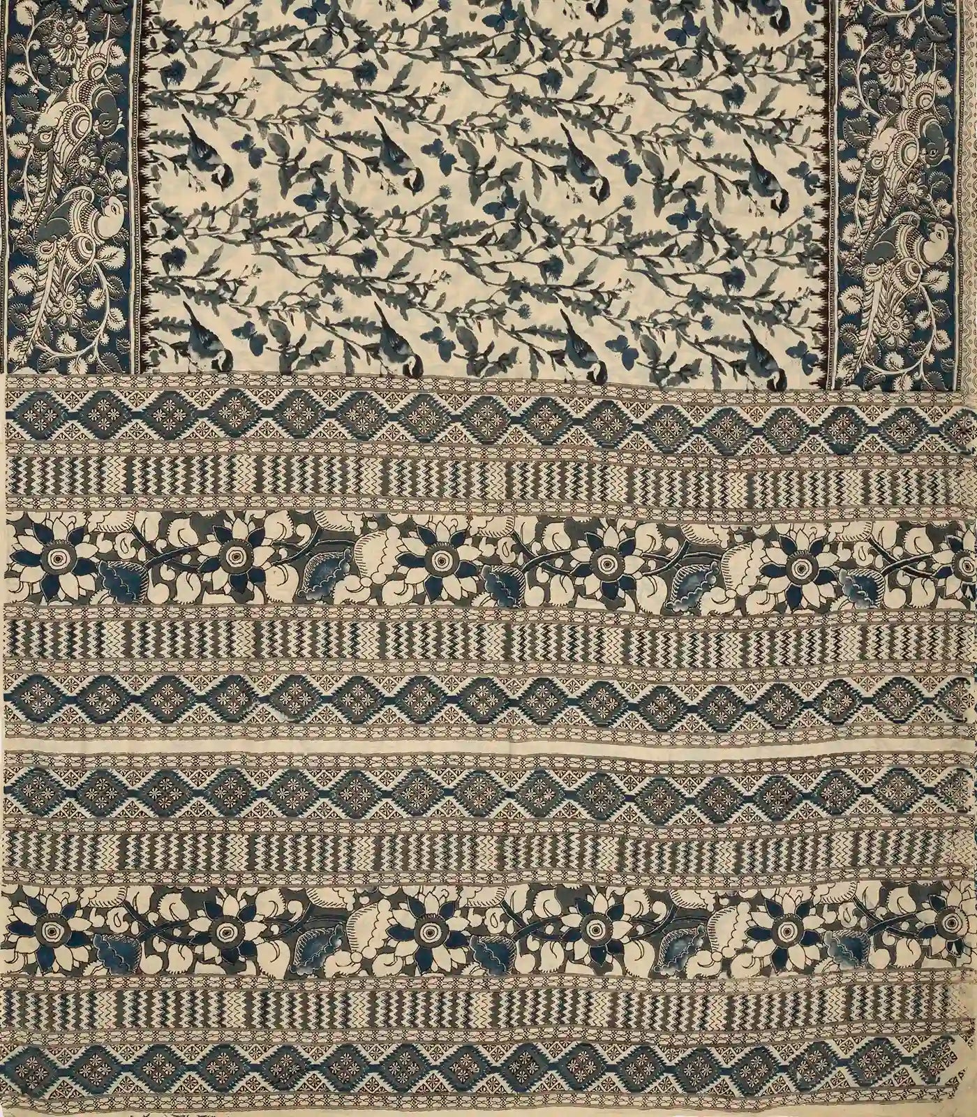 Cream Cotton Saree With Blue Kalamkari Print