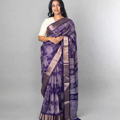 Violet Woven Dola Synthetic Saree Printed With Abstract Motifs