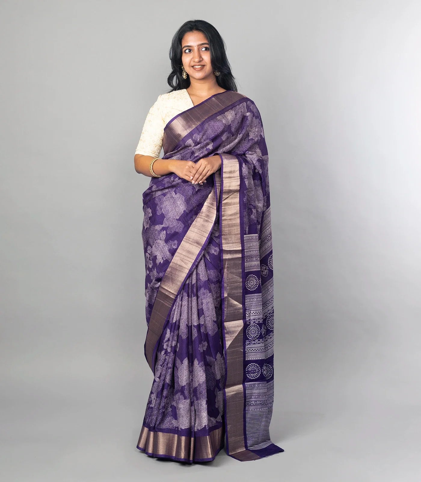 Violet Woven Dola Synthetic Saree Printed With Abstract Motifs