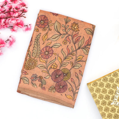 Peach Handloom Tussar Silk Saree Printed With Floral Vine Motifs