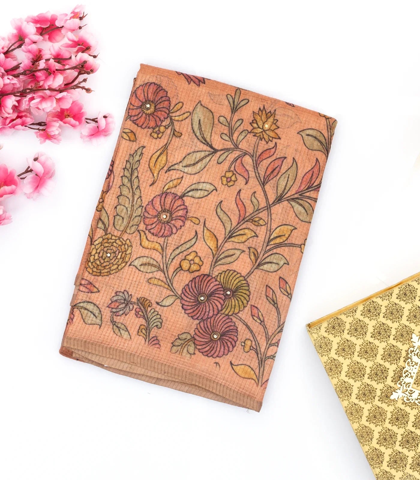 Peach Handloom Tussar Silk Saree Printed With Floral Vine Motifs