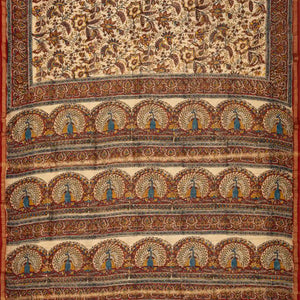 Cream Handloom Chanderi Cotton Saree With  A Printed Kalamkari Design
