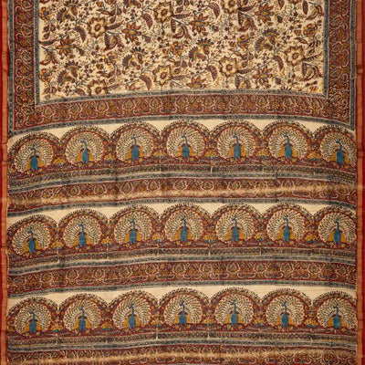 Cream Handloom Chanderi Cotton Saree With  A Printed Kalamkari Design