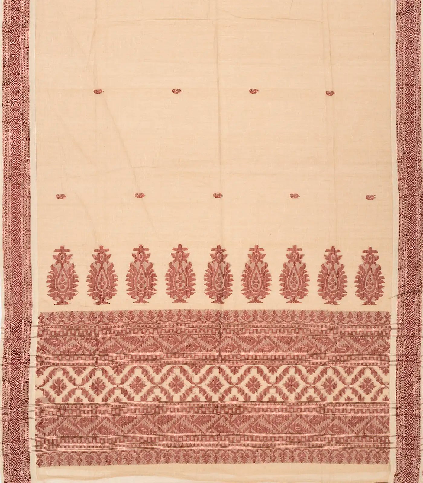 Cream Handloom Bengal Cotton Saree With Mango Buttas
