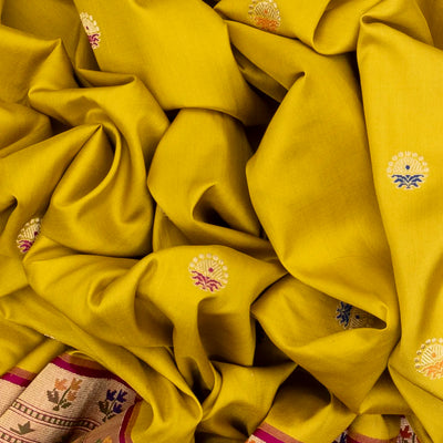 Mustard Handloom Banarasi Silk Saree With Meena Floral Buttas