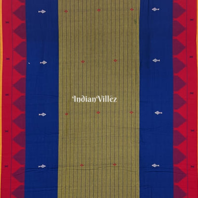 Kotpad Natural Dye Odisha Handloom Saree (Moss Green and Blue with Red Border)