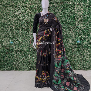 Charcoal Black Parrot and Flamingo Contemporary Silk Saree