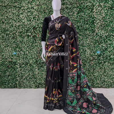 Charcoal Black Parrot and Flamingo Contemporary Silk Saree