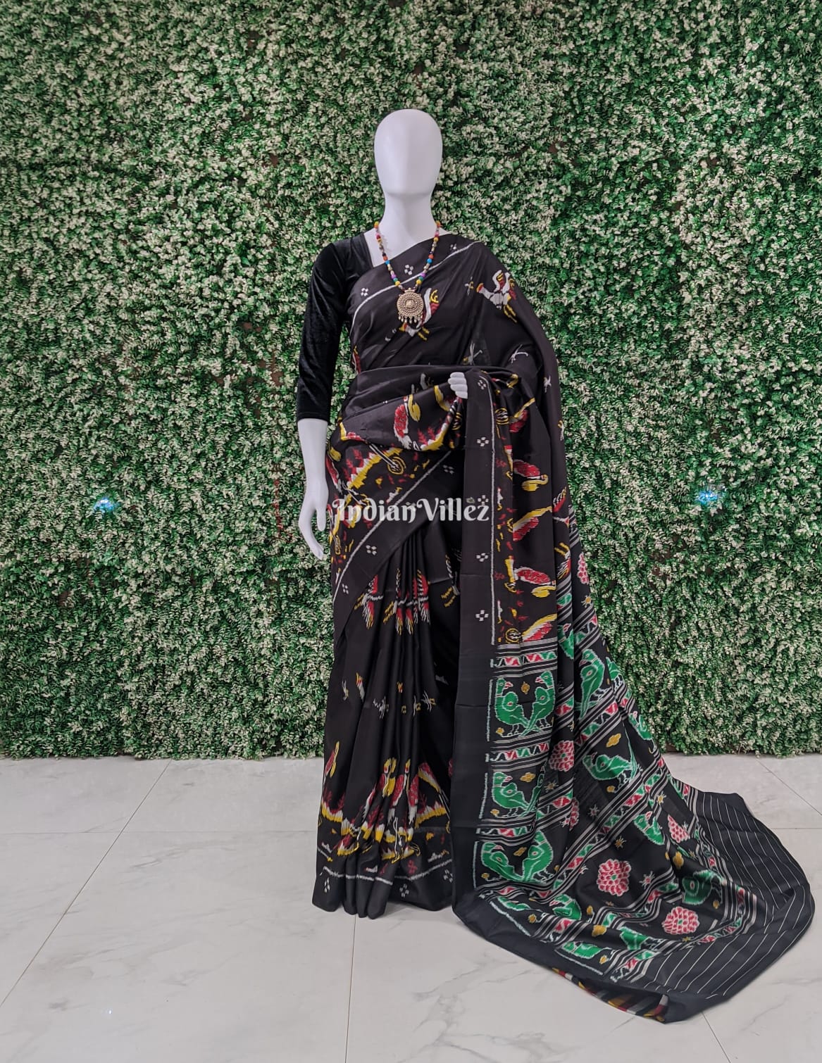 Charcoal Black Parrot and Flamingo Contemporary Silk Saree