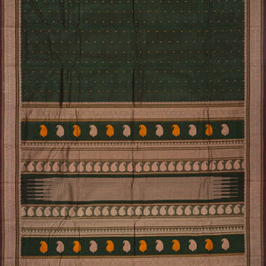 Bottle Green Handloom Kanchi Cotton Saree With Mango Motifs