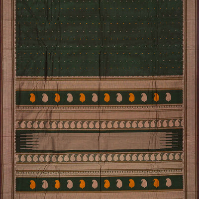 Bottle Green Handloom Kanchi Cotton Saree With Mango Motifs