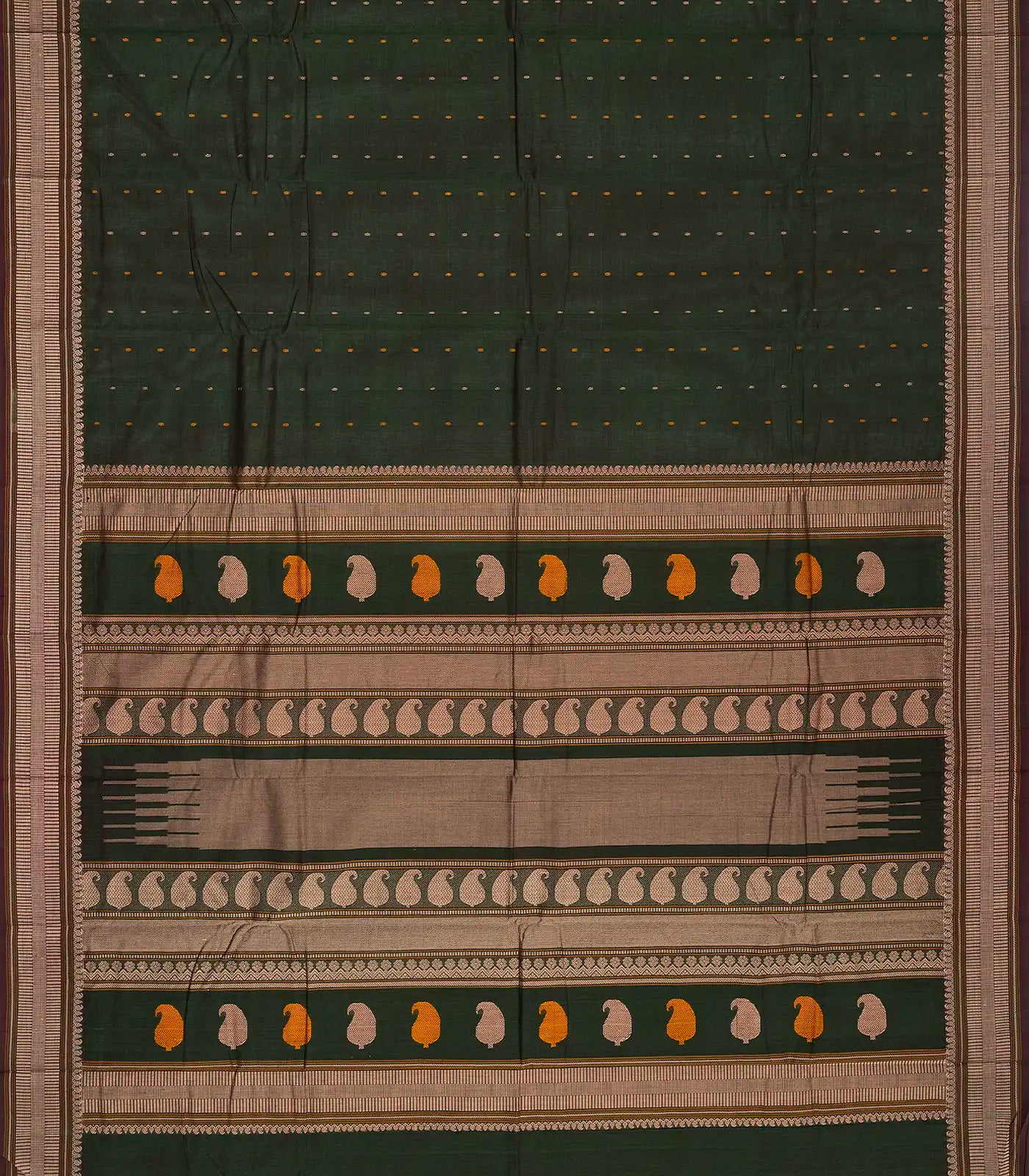 Bottle Green Handloom Kanchi Cotton Saree With Mango Motifs