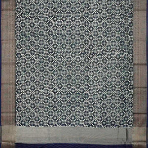 Navy Blue Woven Chanderi Printed Cotton Saree With Floral Jaal