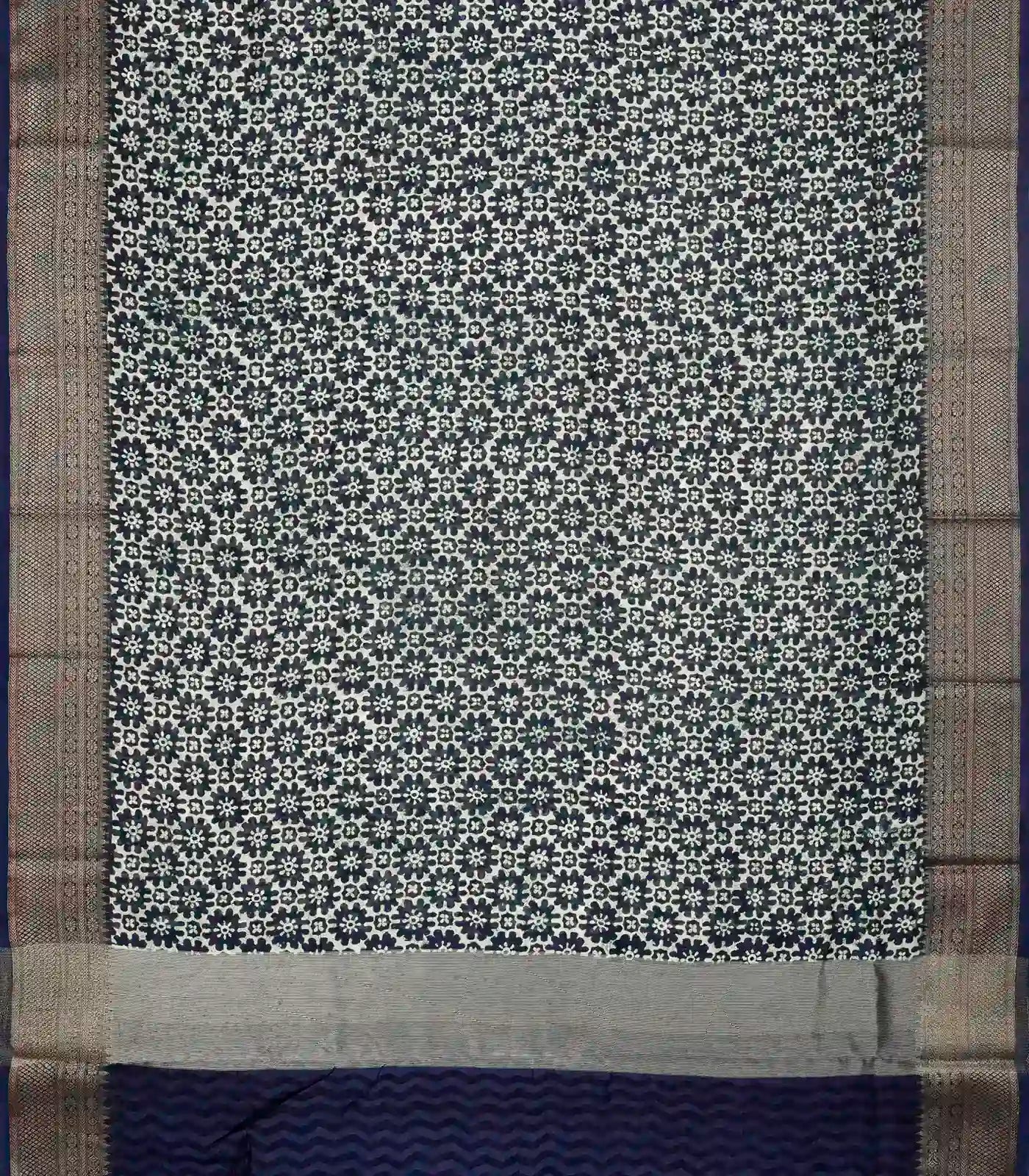 Navy Blue Woven Chanderi Printed Cotton Saree With Floral Jaal