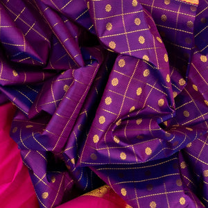 Purple Handloom Kanchipuram Silk Saree With Checks & Buttas