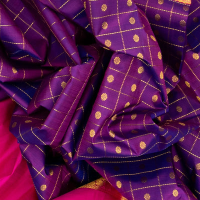 Purple Handloom Kanchipuram Silk Saree With Checks & Buttas