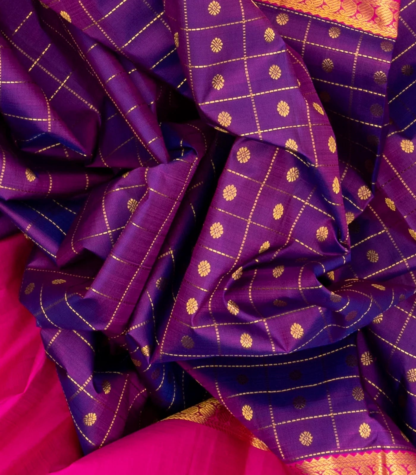 Purple Handloom Kanchipuram Silk Saree With Checks & Buttas