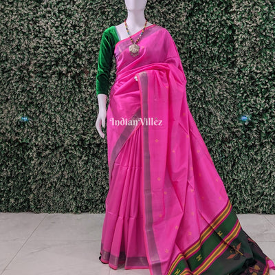 Pink Dual Tone Green Handwoven Soft Silk Saree