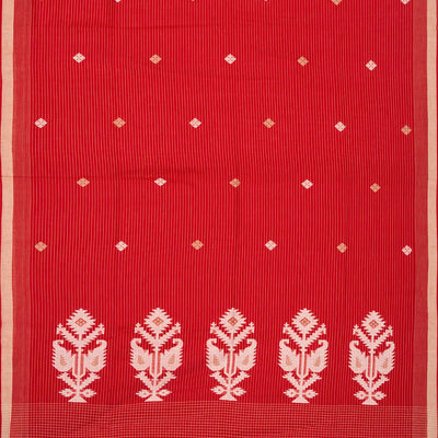 Red Handloom Bengal Cotton Saree With Floral Buttas