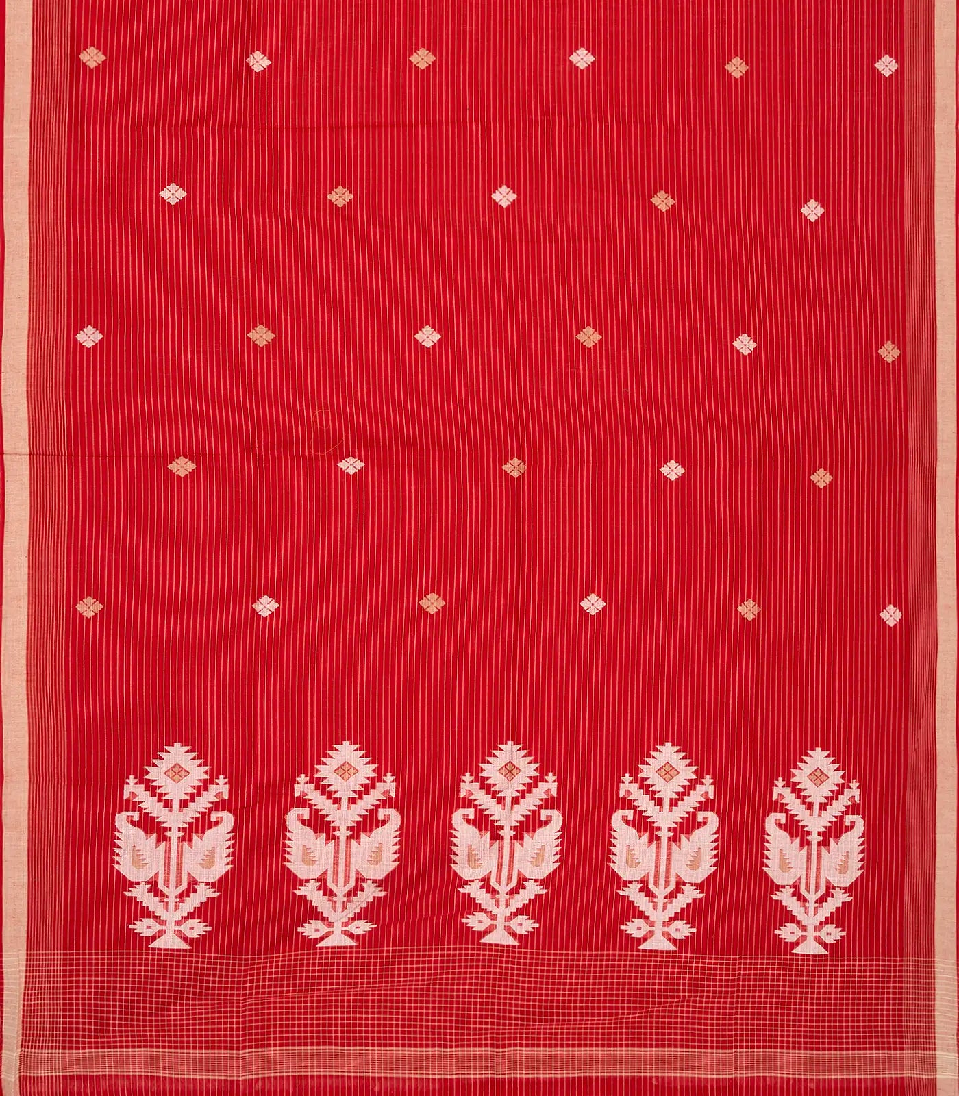 Red Handloom Bengal Cotton Saree With Floral Buttas