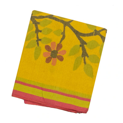 Lemon Yellow Handloom Bengal Cotton Saree With Diamond Motifs