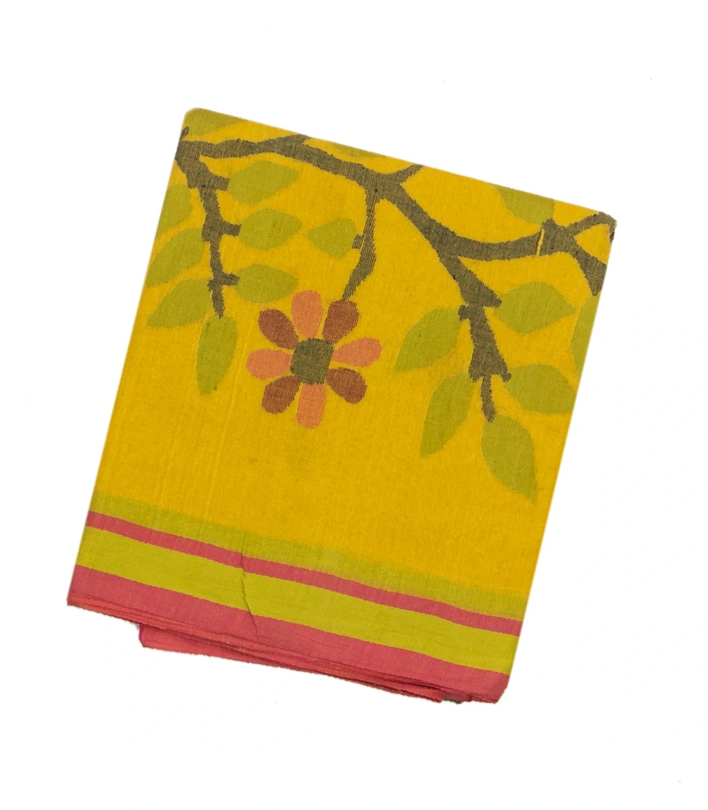 Lemon Yellow Handloom Bengal Cotton Saree With Diamond Motifs