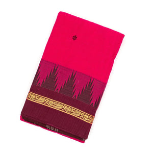 Hot Pink Chettinad Cotton Saree With Kamalam Buttas & Temple Border
