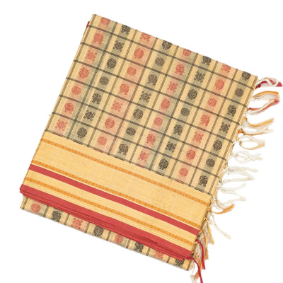 Cream Handloom Silk Cotton Saree With Checks & Yazhi Motifs