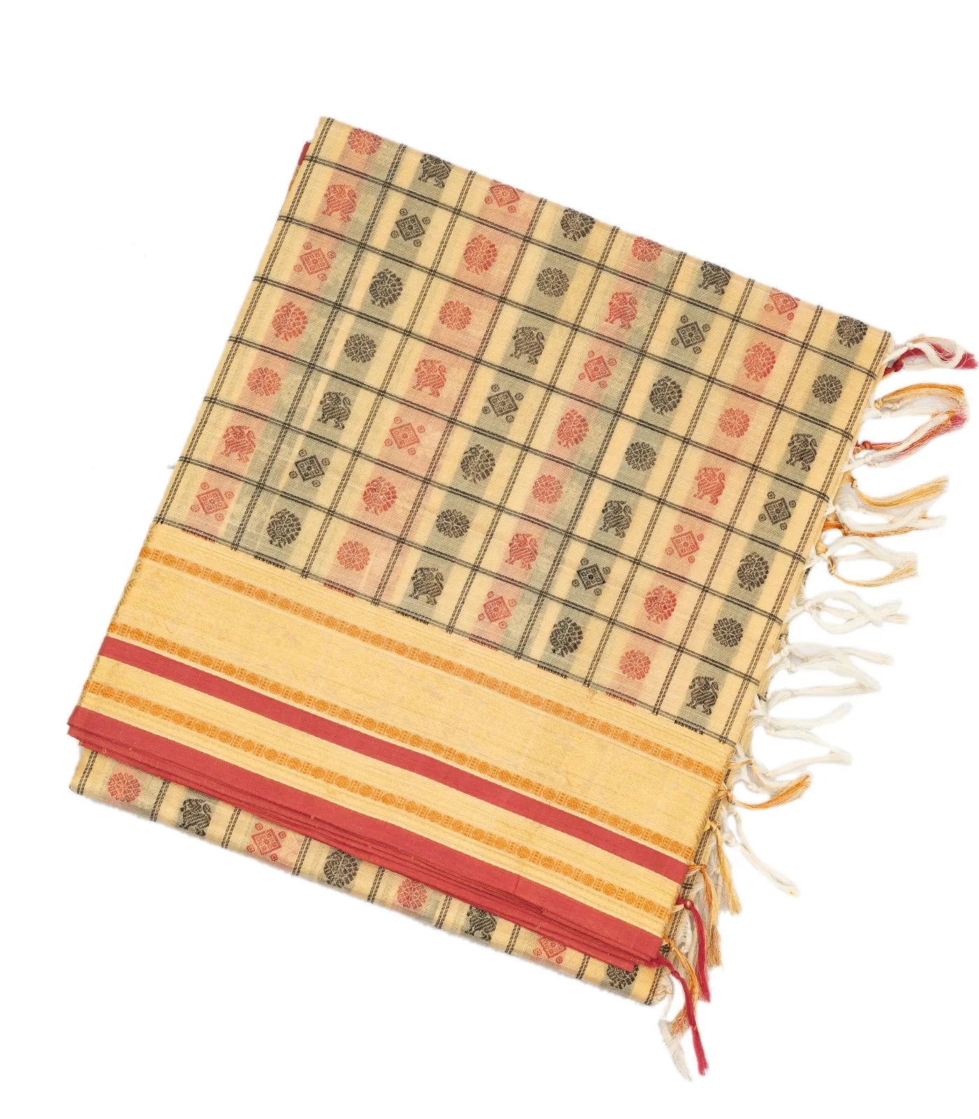 Cream Handloom Silk Cotton Saree With Checks & Yazhi Motifs