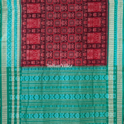 Wine Pine Green Lotus & Kalas Sambalpuri Silk Saree with Fish Motif in Border
