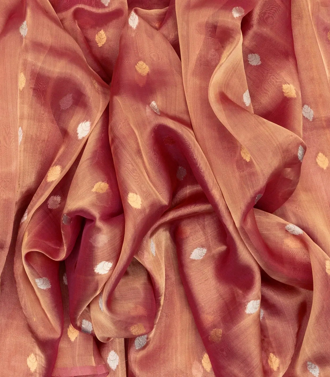 Peach Woven Banarasi Tissue Silk Saree With Floral Buttas