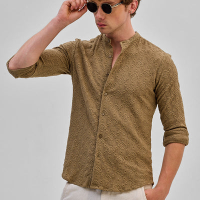 Light Brown Mandarin Self-Design Shirt